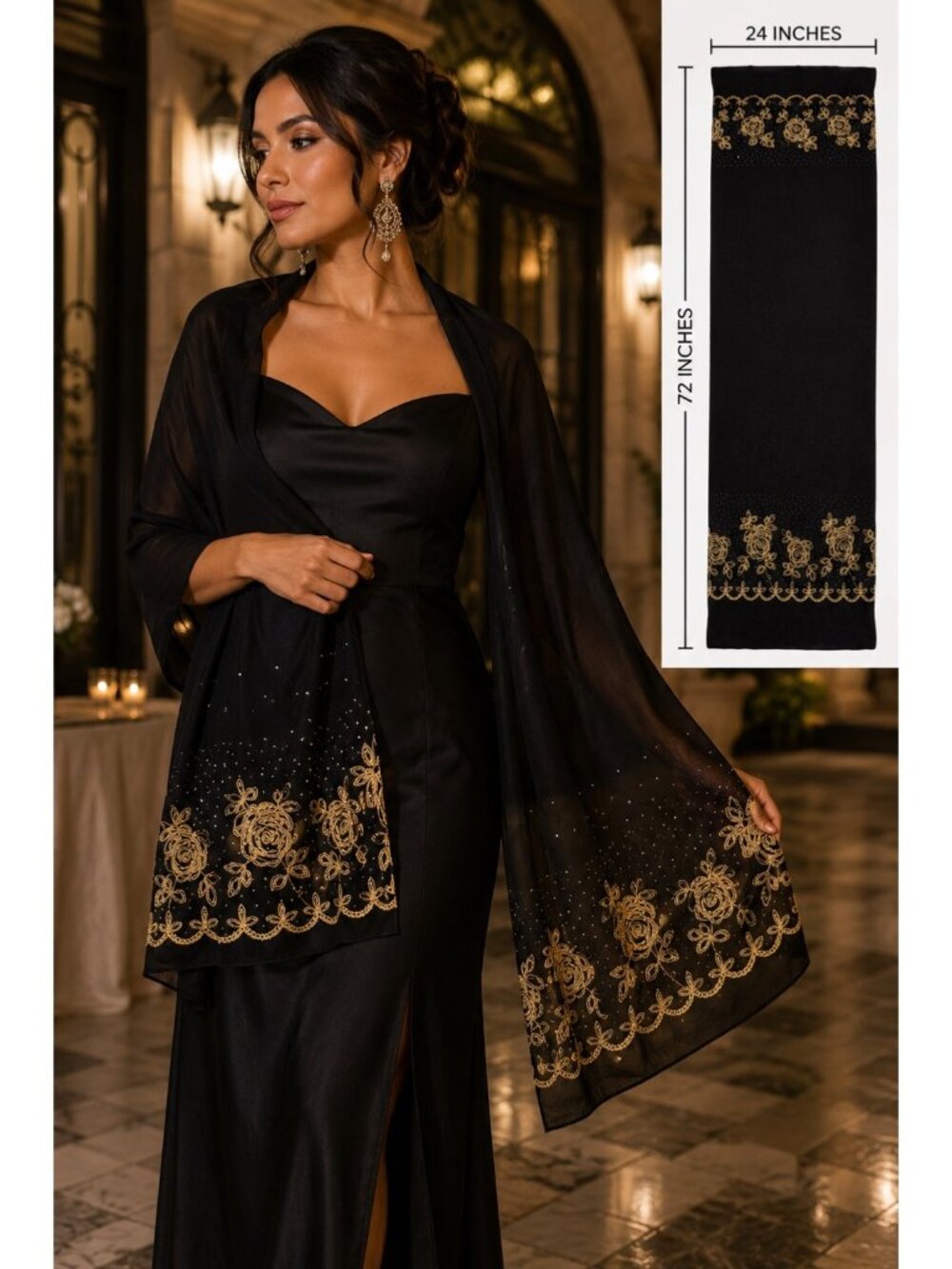 Jessica McClintock Black Gold Embroidered Evening Shawl Wrap Scarf 24x72